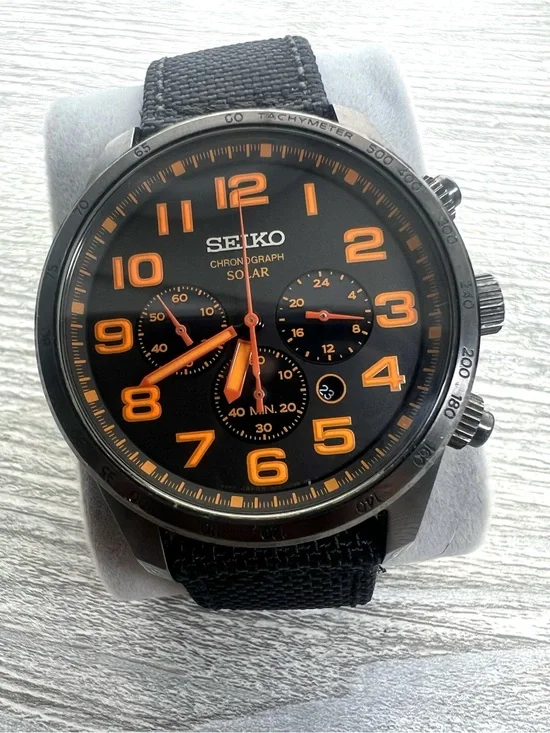 Seiko Black Dial Chronograph Watch with Orange Accents