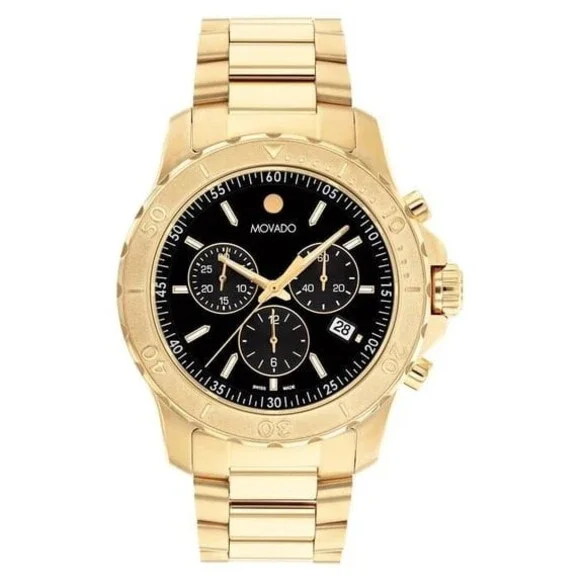 MOVADO ACTIVE SPORT CHRONOGRAPH 2600203 BLACK DIAL GOLD BRACELET 42MM MENS WATCH