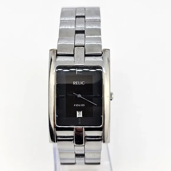 Relic‎ Tank Watch Men 27MM Black Dial Date Gray Bracelet Band 7.5