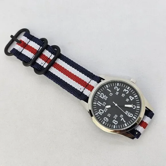 Men's Field Military Watch 42MM Black Dial Blue White Red Canvas Band Straps‎