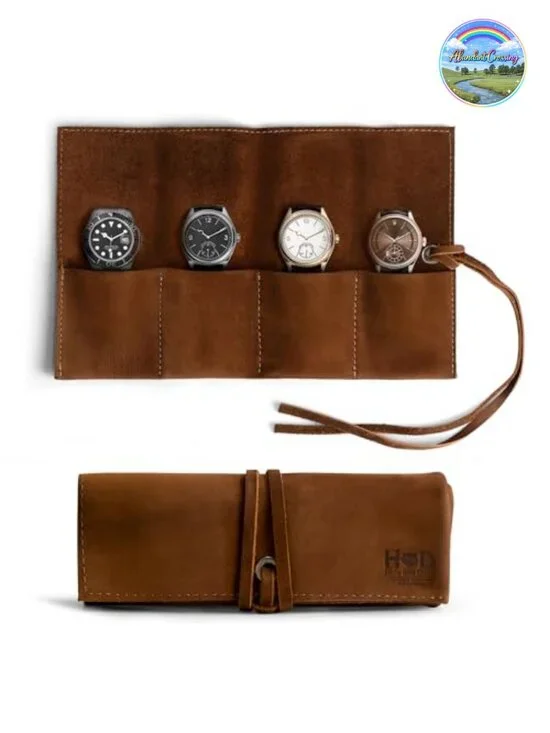 Handmade Full Grain Leather 4-slot Watch Roll Organizer Case