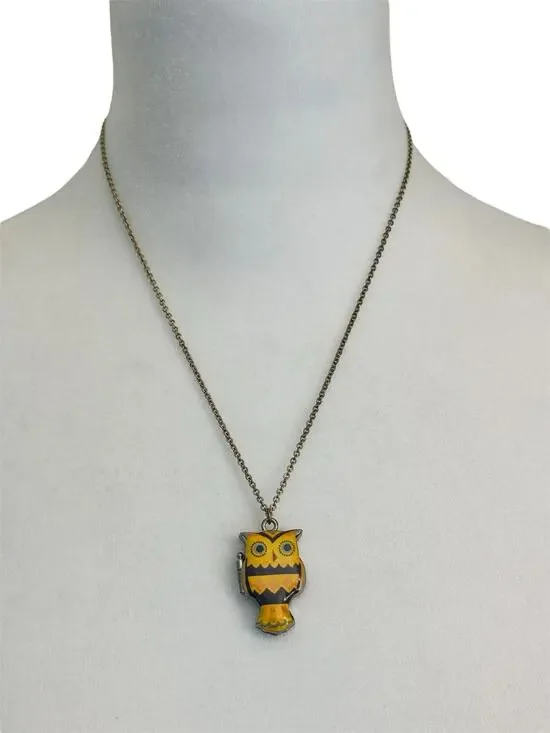 Gold Toned Orange and Brown Owl Locket Pendant Magnetic on Chain