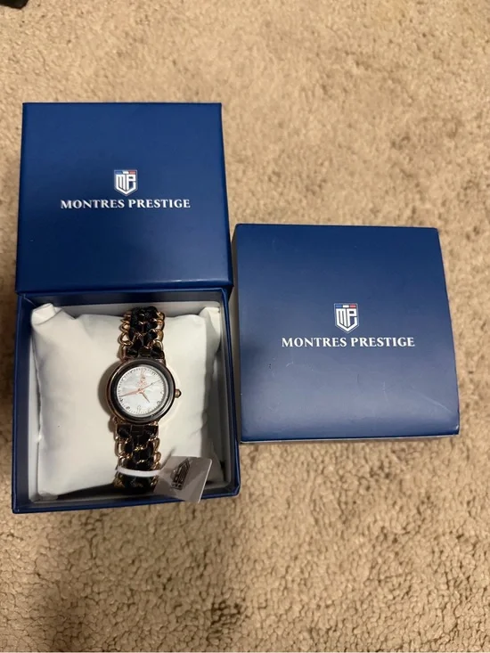 Woman’s Montres Prestige Rose Gold and Black Ribbon Chain-Link Watch
