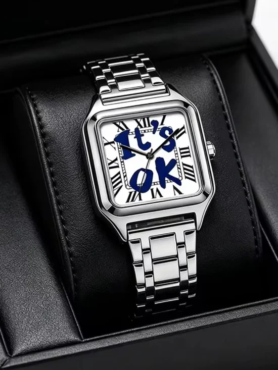Men's Silver Square Dial Watch with Linked Bracelet - Blue Accents