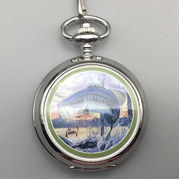 Al Agnew Bass Fish Pocket Watch Men 45mm Silver Tone Full Hunter New Battery