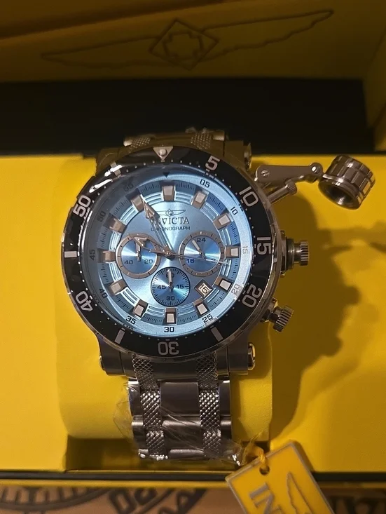 Invicta Coalition Night Hawk Silver Stainless Steel Watch with Light Blue Dial