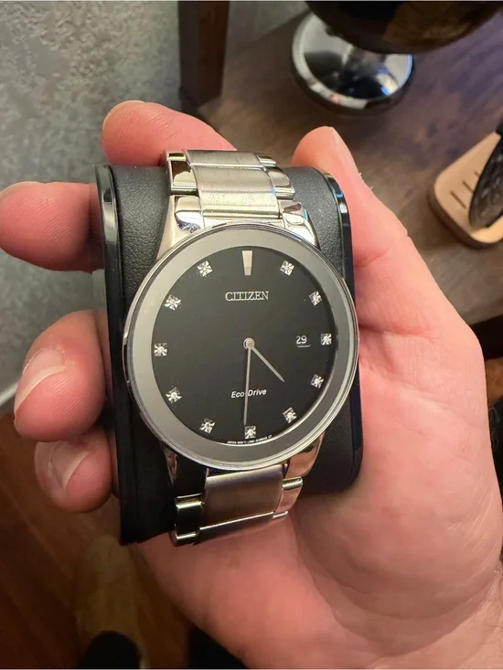 Citizen Silver Stainless Steel Watch with Black Dial and Crystal Markers