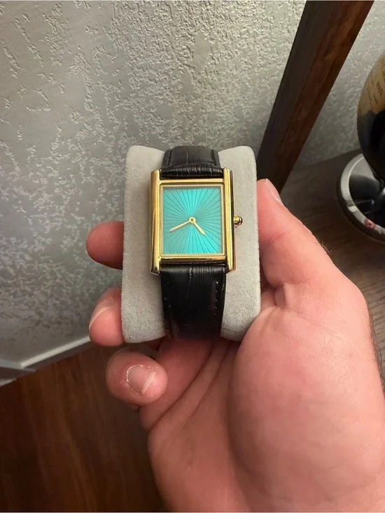 Hand Made Gold-Tone Rectangle Watch with Turquoise Dial and Black Leather Strap