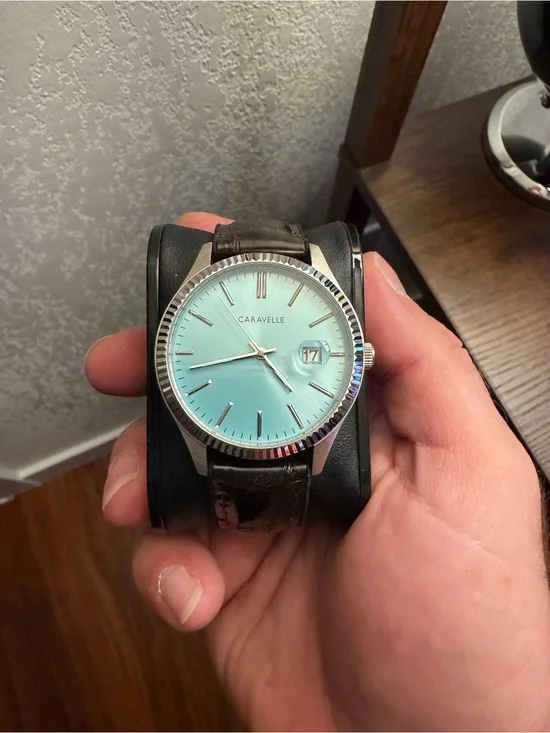 Caravelle Men's Dress Watch - Turquoise Dial, Brown Leather Strap