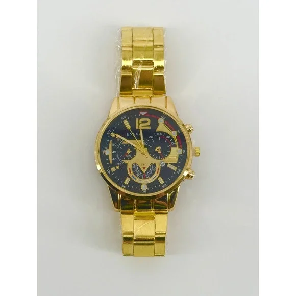 Geneva Mens Gold Tone Chronograph Style Watch Black‎ Dial Link Bracelet New
