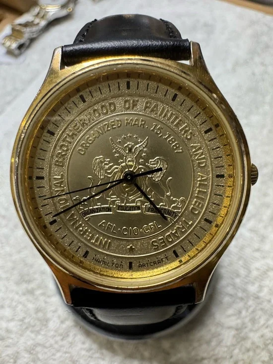 #187 Hamilton Gold Dial Watch with Black Leather Strap