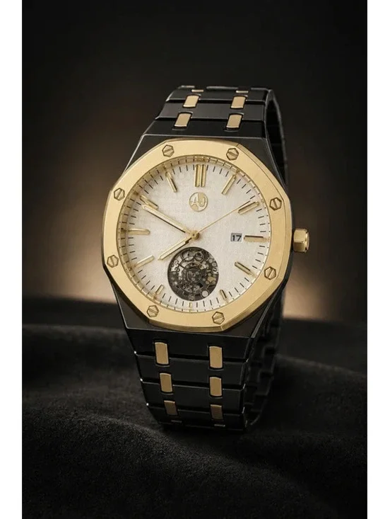 #673  AJ 42mm Black & Gold Open-Heart Watch with Presentation Box