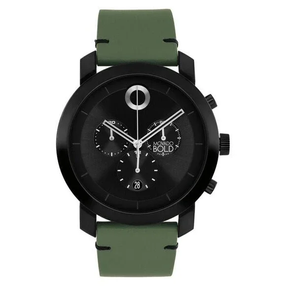 MOVADO TREND IMPULS CHRONOGRAPH 3601360 BLACK DIAL GREEN LEATHER STRAP MEN WATCH