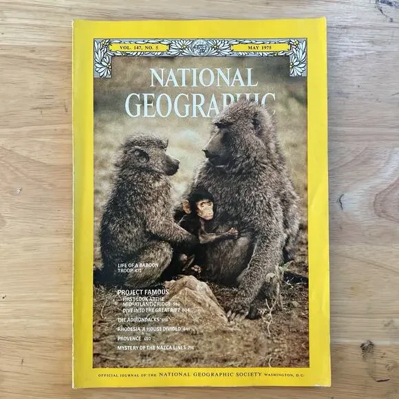 Vintage National Geographic May 1975 Baboons Adirondacks Rhodesia Nazca Lines
