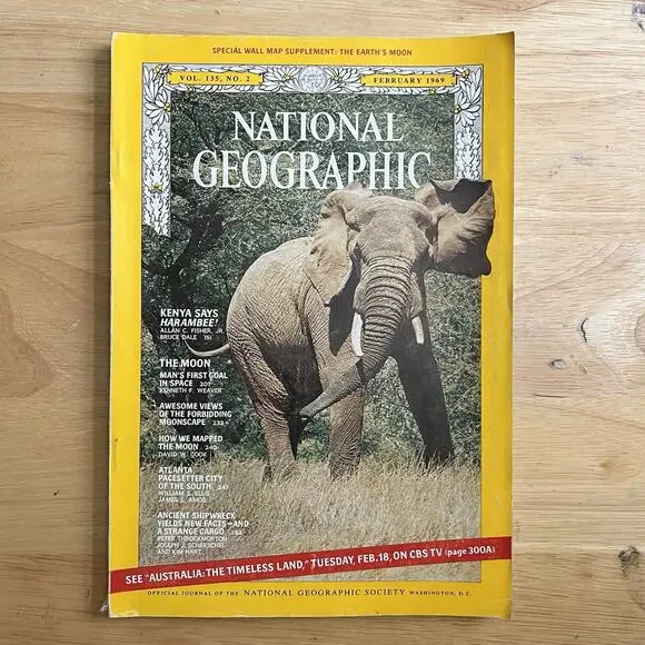 Vintage National Geographic February 1969 Magazine Kenya Moon Atlanta Elephant