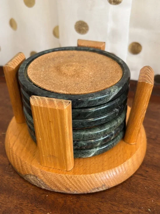 Vintage Himark Green Marble Stone Coaster Set with Wooden Holder