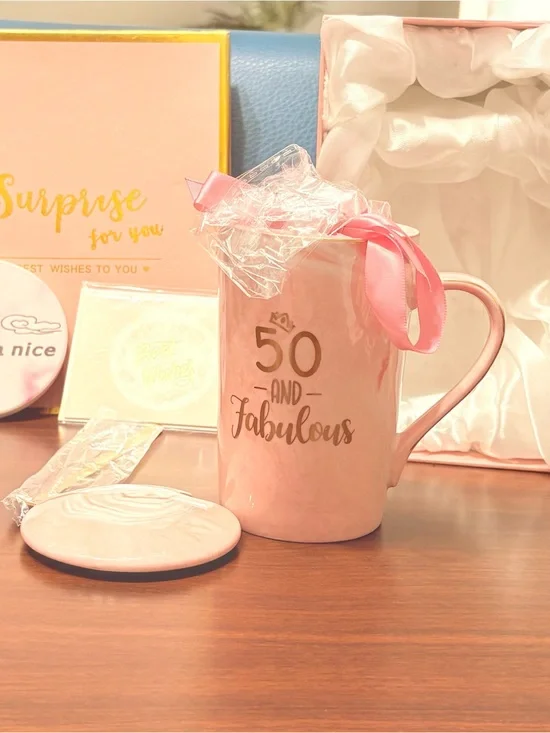 50th Birthday Gift Set for Women - 50 and Fabulous Pink Marble Mug Set in Box