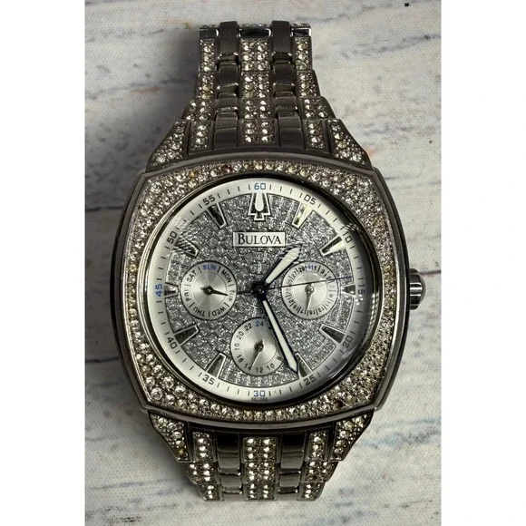 Bulova 96C002 Men's Phantom‎ Crystal Pave Stainless Steel Watch NEEDS A NEW BATT