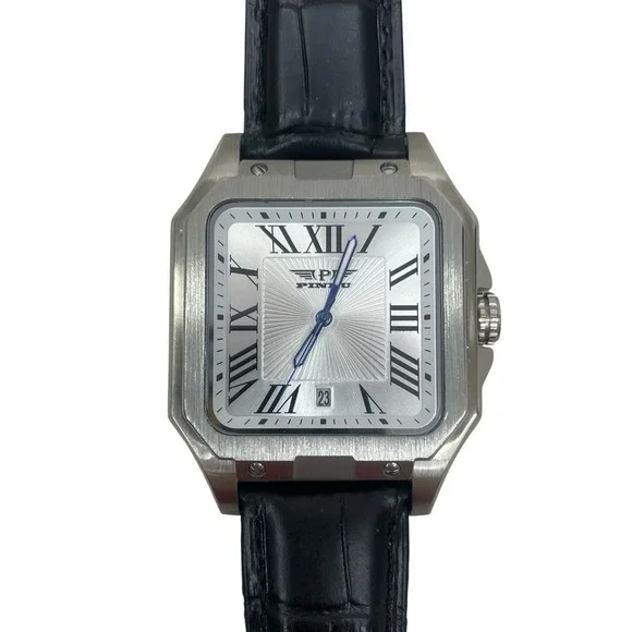 PINDU P6515 Men's Square‎ Automatic Watch Leather Deployment Clasp Dress 22mm