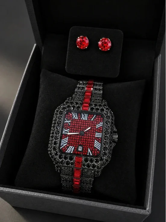 #665  AJ 42mm Red & Black Iced-Out Watch with 9mm Earrings