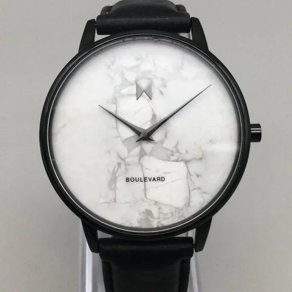 MVMT Boulevard Marble Watch Men 38mm Black Leather Band New Battery
