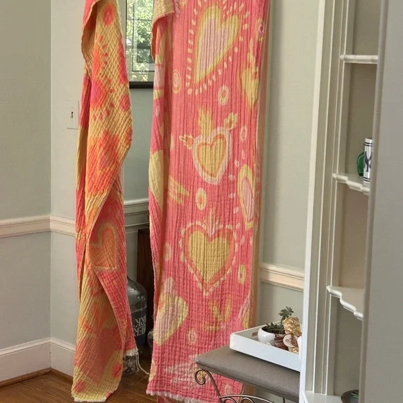Pink and Yellow Heart Patterned Curtain Set of 2 Organic Cotton Loom Weave NEW
