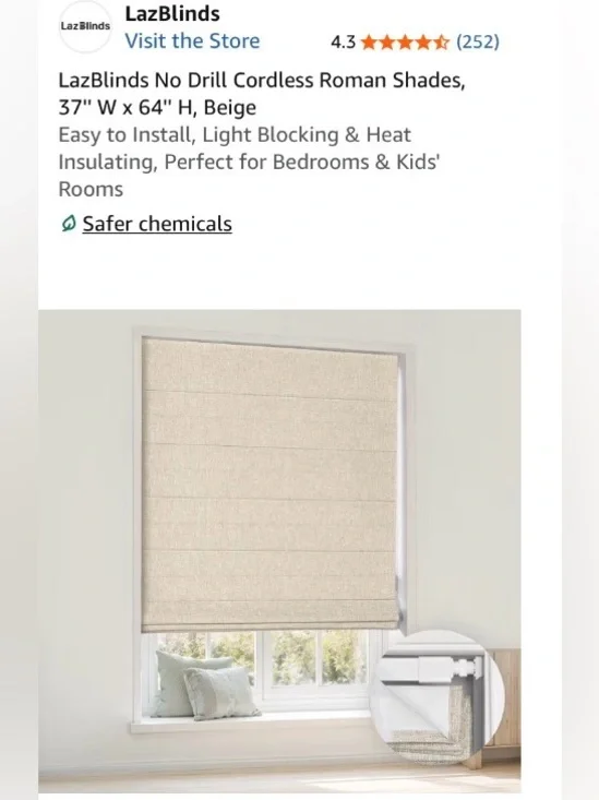 LIKE NEW LAZBlinds Cordless Roman Shade No Drill Blinds Blackout Beige 37” x 60”