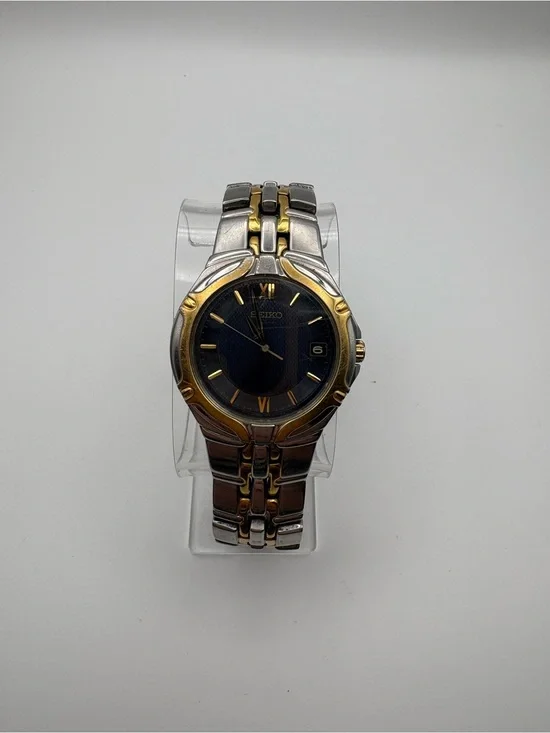 Seiko Dual Tone Watch Date Dial Navy #7N42-6C10  Stainless Steel Works