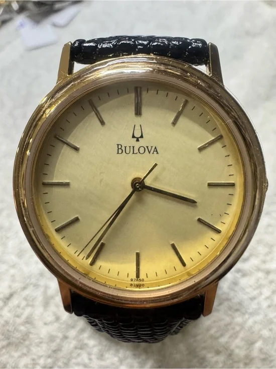 Bulova Gold Dial Men's Watch with Black Leather Strap