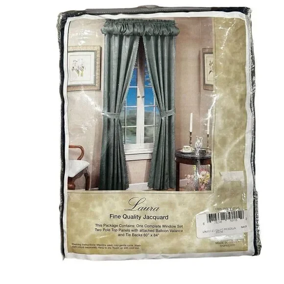Laura Elegant Priscilla Jacquard Navy‎ Blue Curtains Set Panels Valance 60x84”