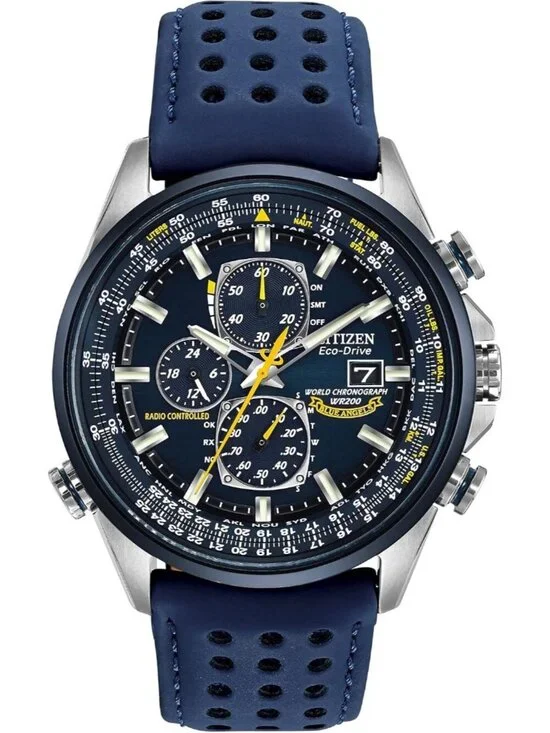 Men's Blue Leather Strap and Blue Dial Eco-Drive Sport Luxury Chronograph Watch