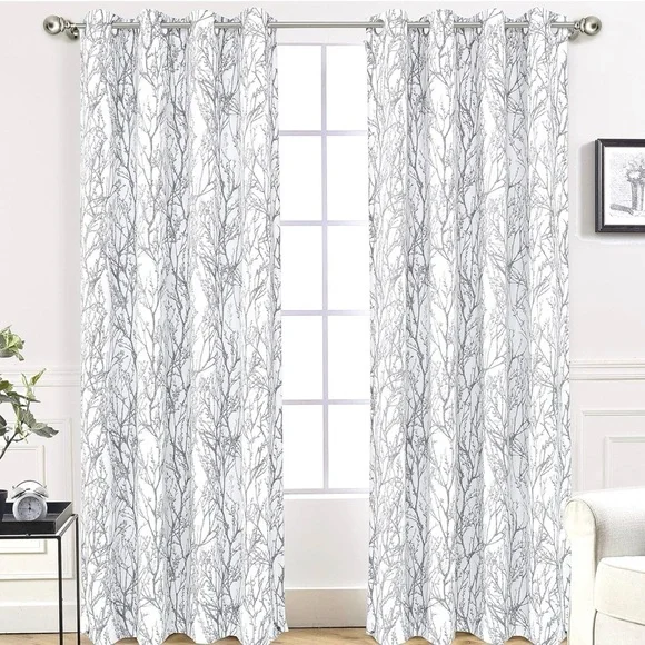 Driftaway • 6 pc Gray and White Botanical Forest Neutral Nature Pattern Curtains