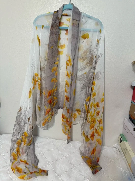 Lightweight White Sheer Floral Scarf with Yellow Blooms