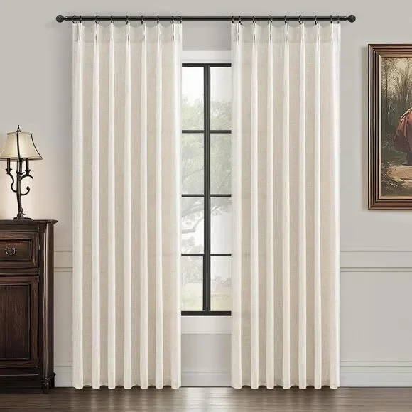Brand New Furuno Cream Beige Pinch-Pleat Linen Curtains 40″ W × 84″ L – Set of 2