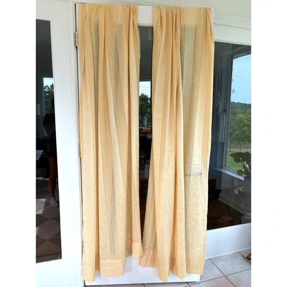 Vintage Gold Sheer Crinkle Curtain 50x85 Panels Textured Rope Loop Header Pair