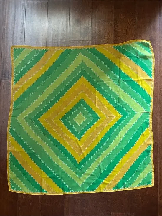 Vintage Silky Lightweight Green and Yellow Geometric Scarf