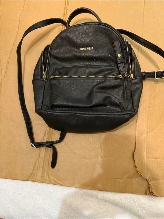 Nine West Black Mini Faux Leather Backpack with Gold Accents