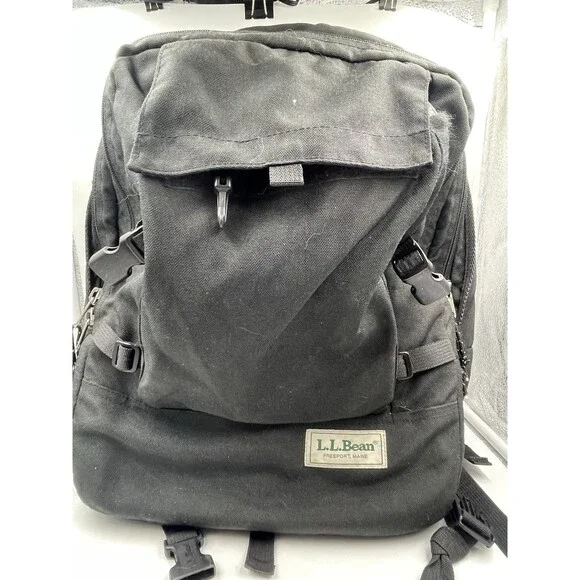 Vintage 90s LL Bean Campus Computer Backpack Black Canvas Heavy Duty School Bag