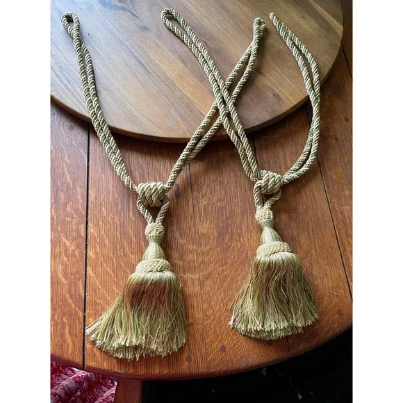 Vintage Sage Green Gold Tassel Curtain Tiebacks Twisted Rope Pair Set of 2