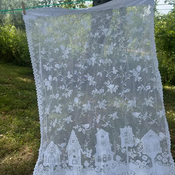 Cottagecore White Lace Curtain with Floral and Bird House Design