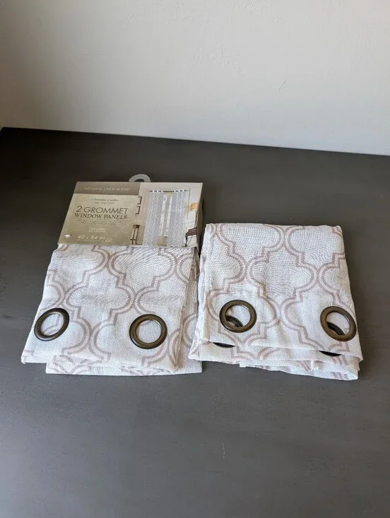 2 Natural Sheer Linen Blend Grommet Window Panels Gray Pattern Geometric 84X40