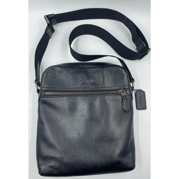 Coach Houston Flight Bag Black Smooth Leather Crossbody Messenger F68014 EUC!
