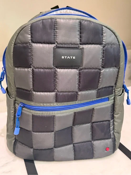 STATE Quilted Black & Green Backpack with Blue Accents