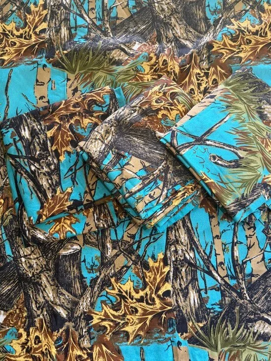 The Woods Set Of 4 Teal Camo Curtain Panels 41.5”x82” Birch Tree Woodland Print