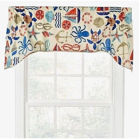 Sea Point Arched Tailored Valance Rope Cord Trim Nautical Print Summer Beach