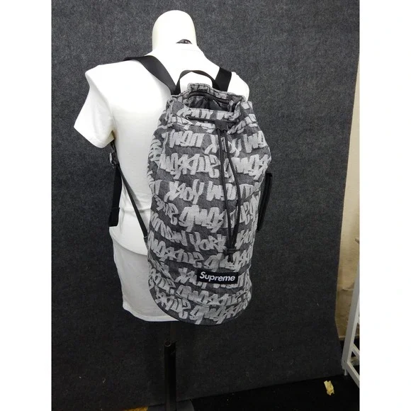 Supreme Fat Tip Jacquard Denim Backpack Black White Graffiti Logo Bag