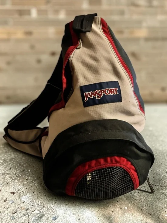 Vintage 90s JanSport Sling Backpack Y2K Single Strap Crossbody Black Red Tan
