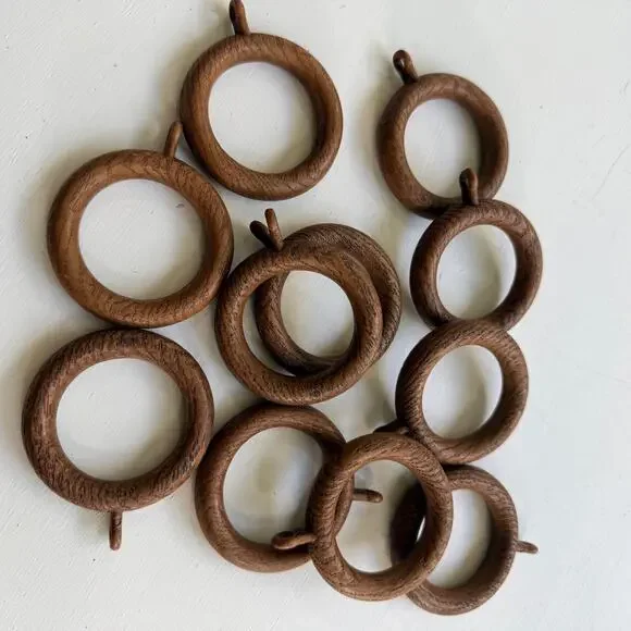12 Vintage Faux Wood Curtain Rings Brown Resin Drapery Pole Rings with Eyelet
