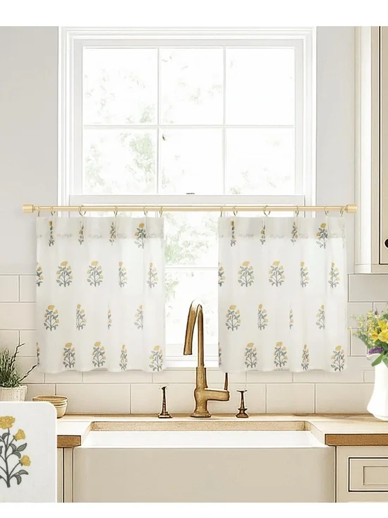Sunflower Block Print Linen Sheer Mini Curtains 24x18” (2-panels)
