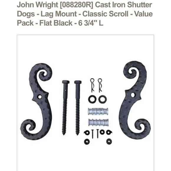 John Wright [088280R] Cast Iron Shutter Dogs Lag Mount Classic Scroll 6 3/4